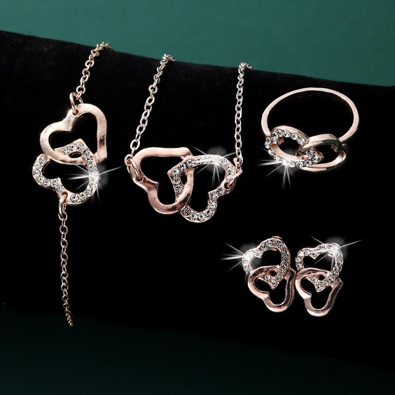 New Fashion Hollow Double Love Heart Pendant Necklace, Bracelet, Ring, Earrings Ladies Exquisite Sparkling Jewelry Set S/set