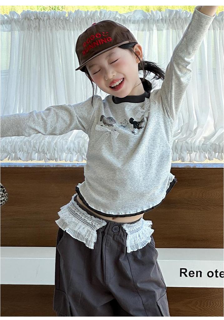 2026 Autumn Cat Print Girls' Long Sleeve T-shirt & Lace Waist Cargo Pants Set for Older Children