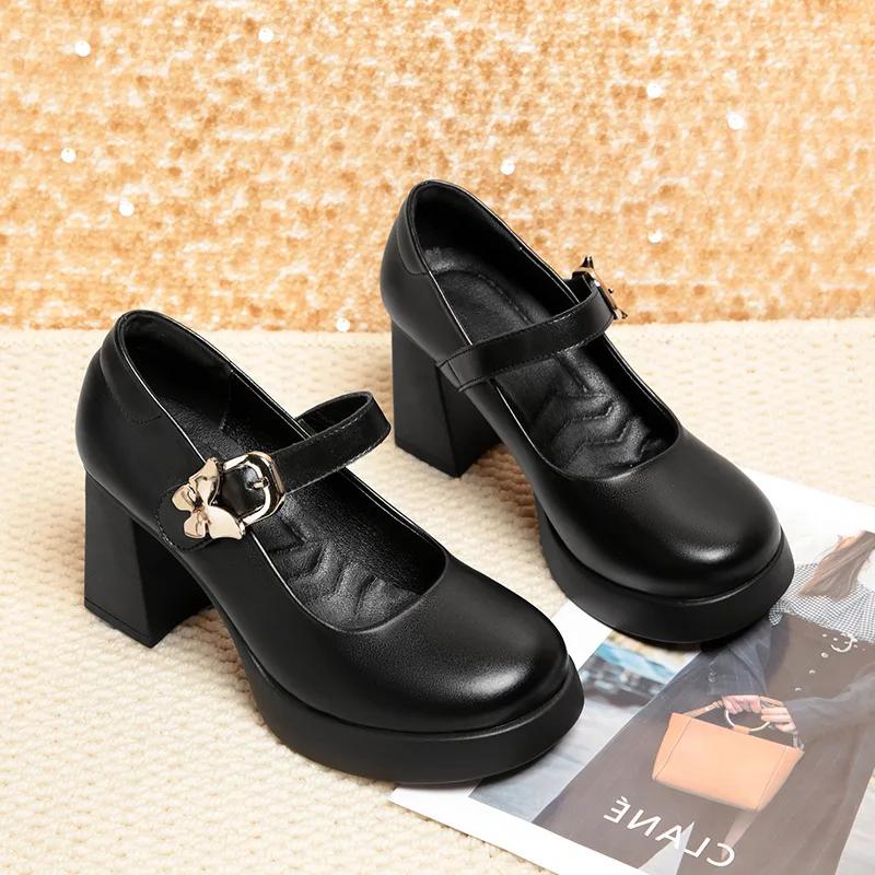 8cm Fashion Block High Heels Shoes Women Mary Janes Spring 2025 Shallow Ankle Buckle Platform Pumps for Dance Office Model Mom