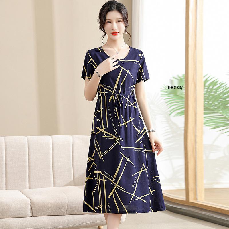 Elegant Floral Summer Dress for Women - Mid-Length, Loose Fit, Plus Size, Tummy Concealing, Cotton Silk Blend