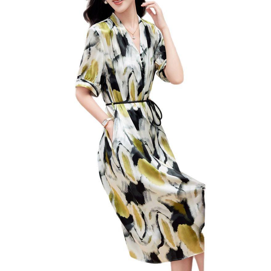 Design sense printed silk dress summer new temperament smudged mulberry silk medium and long skirt