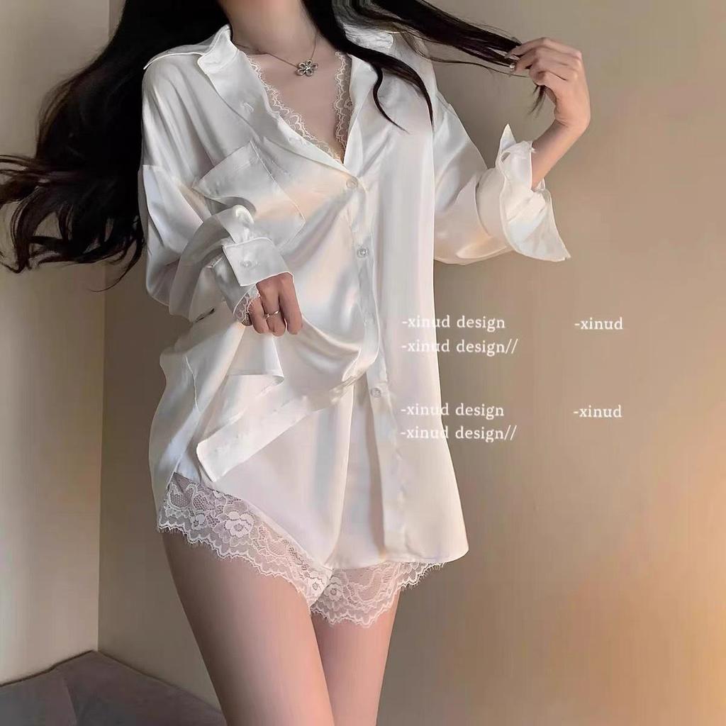 Übergröße Satinstoff Spitze Patchwork Boyfriend Pyjama Set
