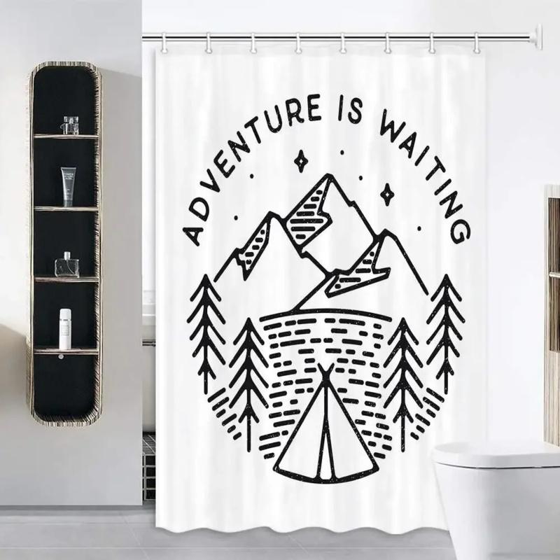 Shower Curtains For Camper Trailer Bathroom, Camping Tent Trees And Mountain Printed,With Hooks Bath Curtai