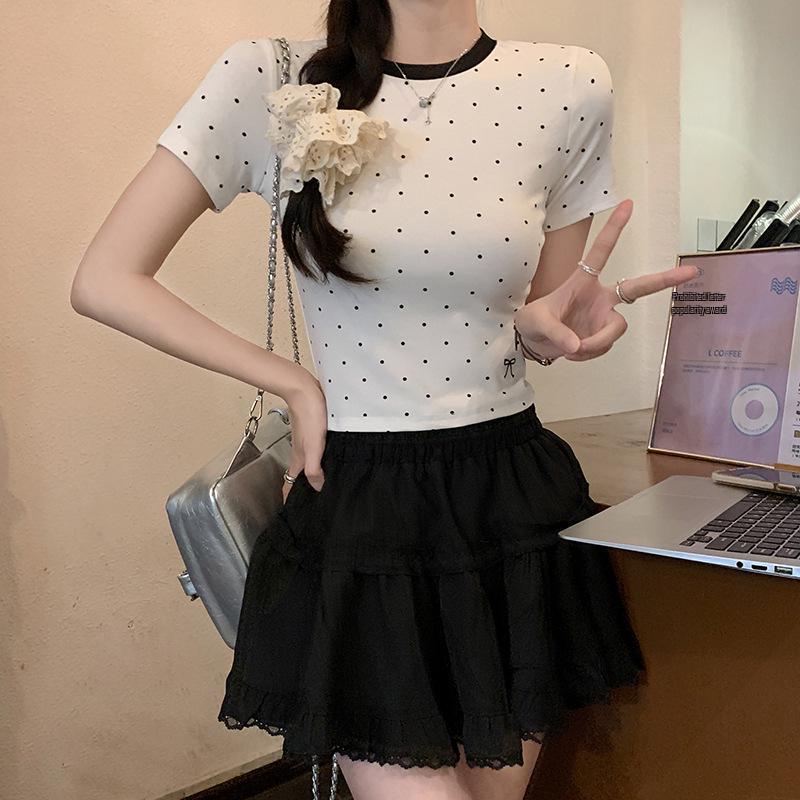 

Chic Polka Dot Embroidered Bow Short Sleeve Slim Fit Women s Top M Premium