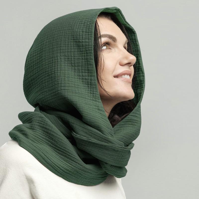 Cotton Crinkle Scarf With Hood Women Men Winter Warm Stylish Neck Wrap Accessory