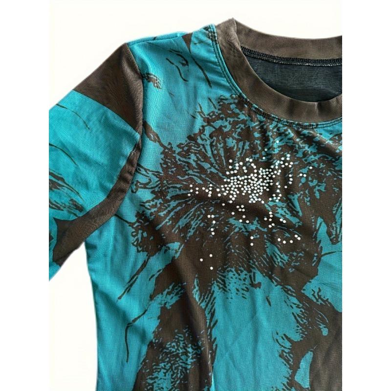 Elegant Floral Print Crew Neck T-Shirt for Women - Casual Long Sleeve, High Stretch, Breathable Polyester Blend, Perfect for Spring & Fall