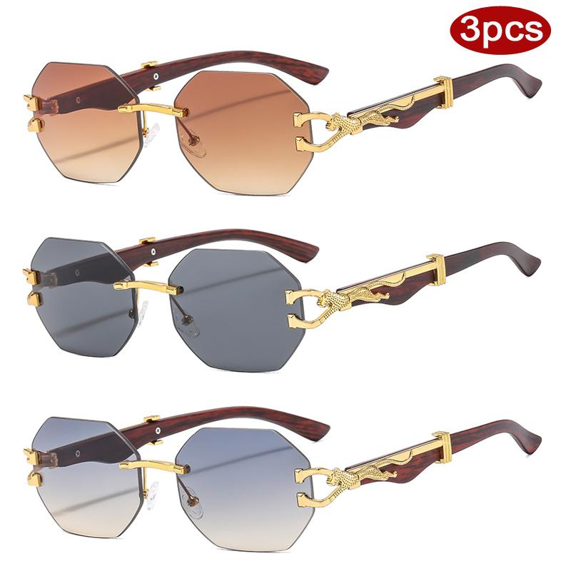 Protective Glasses 3pcs Fashion Frameless Polygonal Metal Frame Sunglasses Outdoor Casual Sun Glasses Leopard Design Eyewear