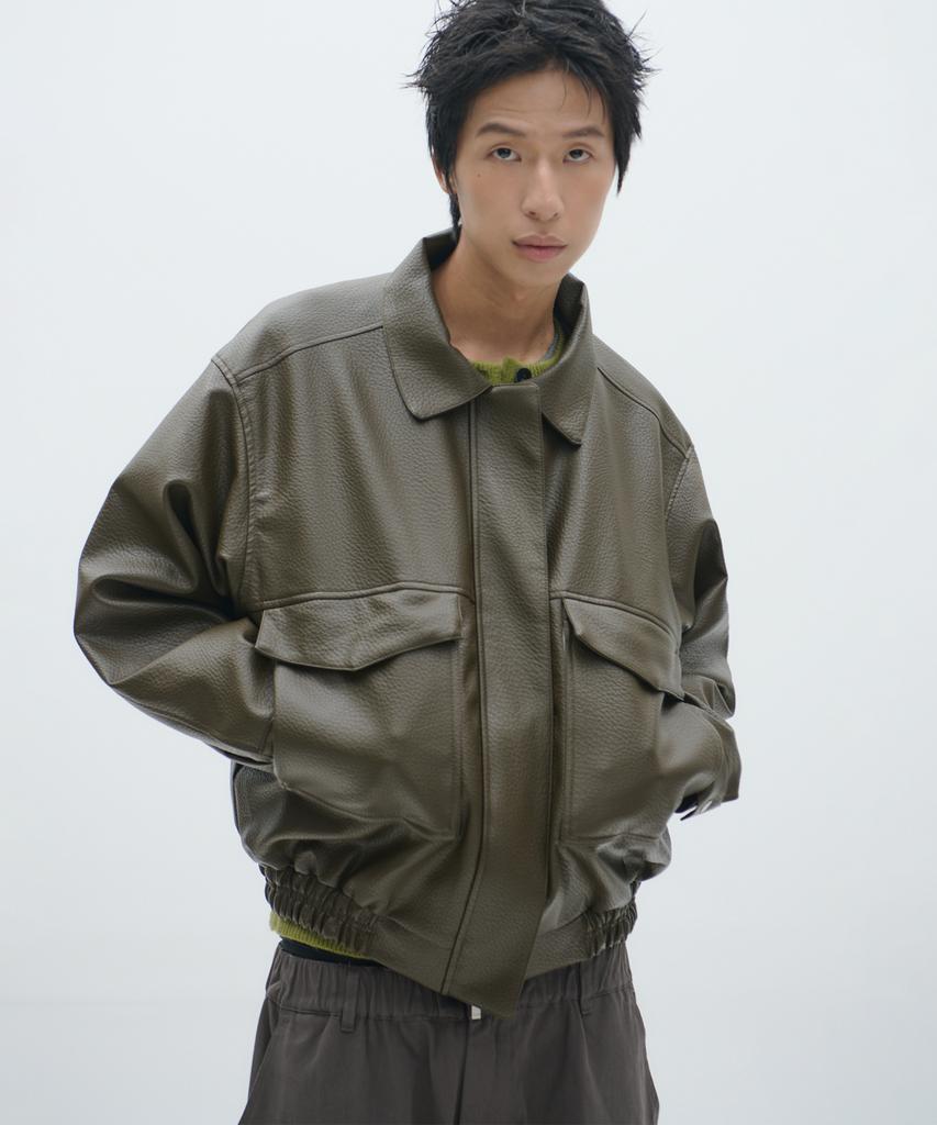 PLACESTUDIOMAN Veste Blouson Oversize Vintage à Grande Poche, Col Simple, Standard, Deux Sens, en Cuir_2 Couleurs