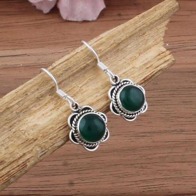 925 Sterling Silver Green Onyx Round Gemstone Handmade Designer Drop Earrings Women Gift Jewelry