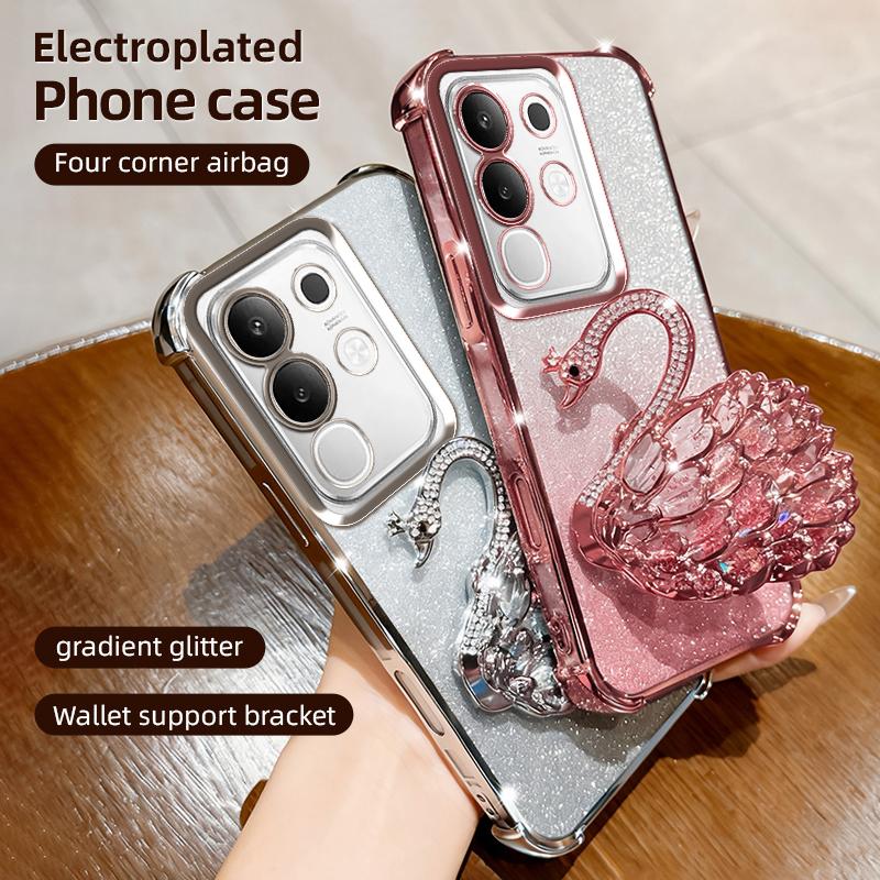 KEYSION Shockproof Plating Phone Case for VIVO Y29 4G Clear Soft TPU Glitter Jewelled Swan Kickstand Back Cover for IQOO Z10X 5G