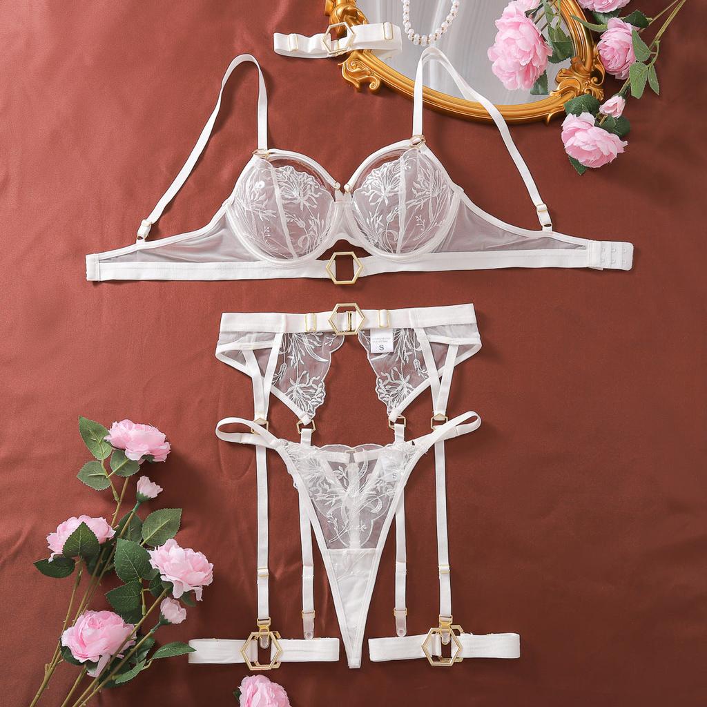 Metal Buckle Embroidery Mesh Splicing Heavy Duty Erotic Lingerie Five Piece Set Underwear