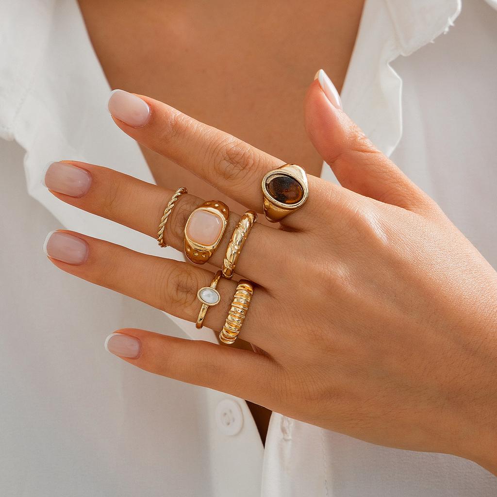 6Pcs/Set Geometric Irregular Oval Metal Rings for Women Men Fashion Retro Gold Color Finger Rings Vacation Jewelry Accessories