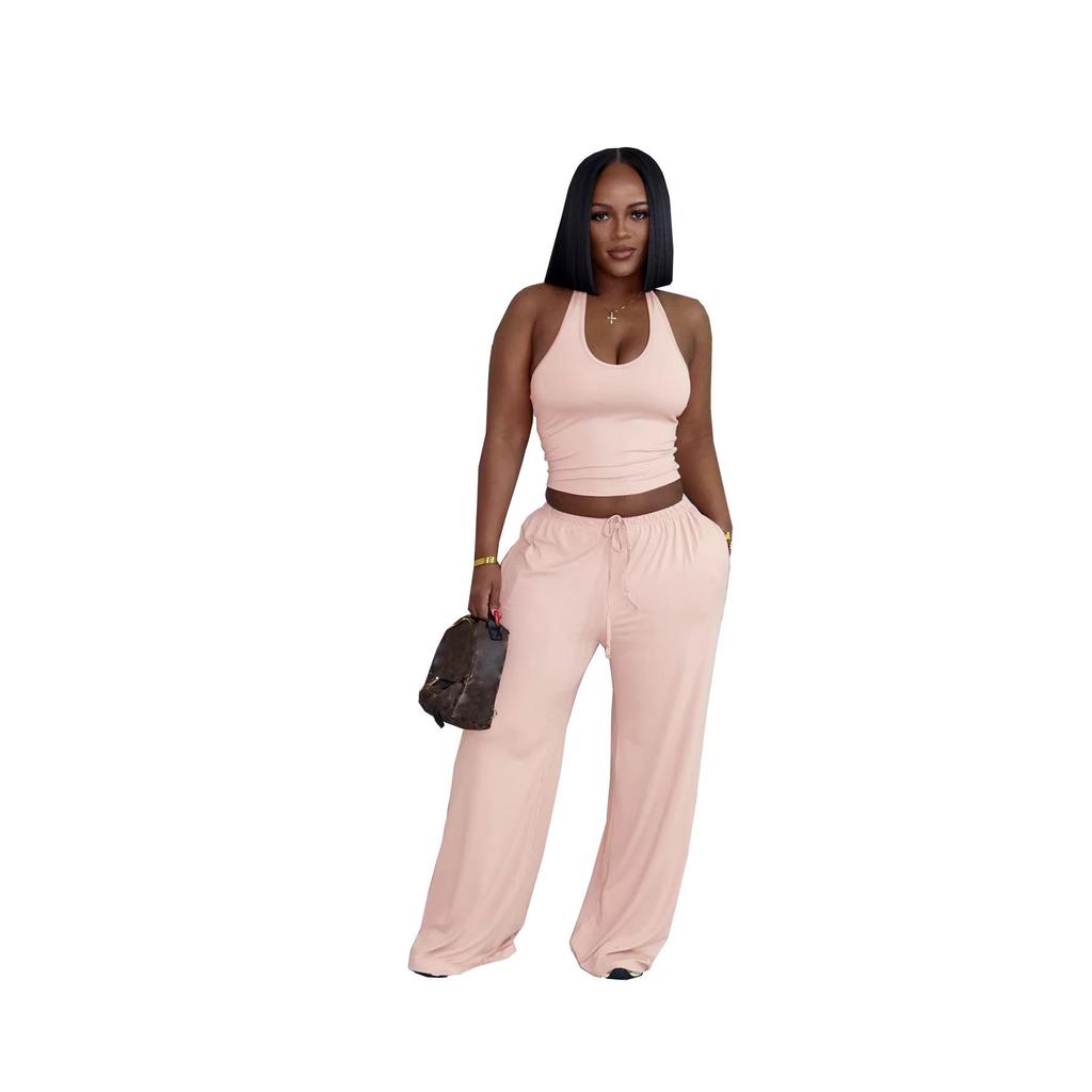 Women's Summer Solid Color Halter Top with High-Waisted Pocket Wide-Leg Pants