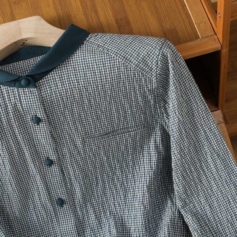 Early Spring Art Versatile Color Blocked Small Checkered Shirt Retro Small Collar Long Sleeve Checkered Top Shirt Blouses & Shirts