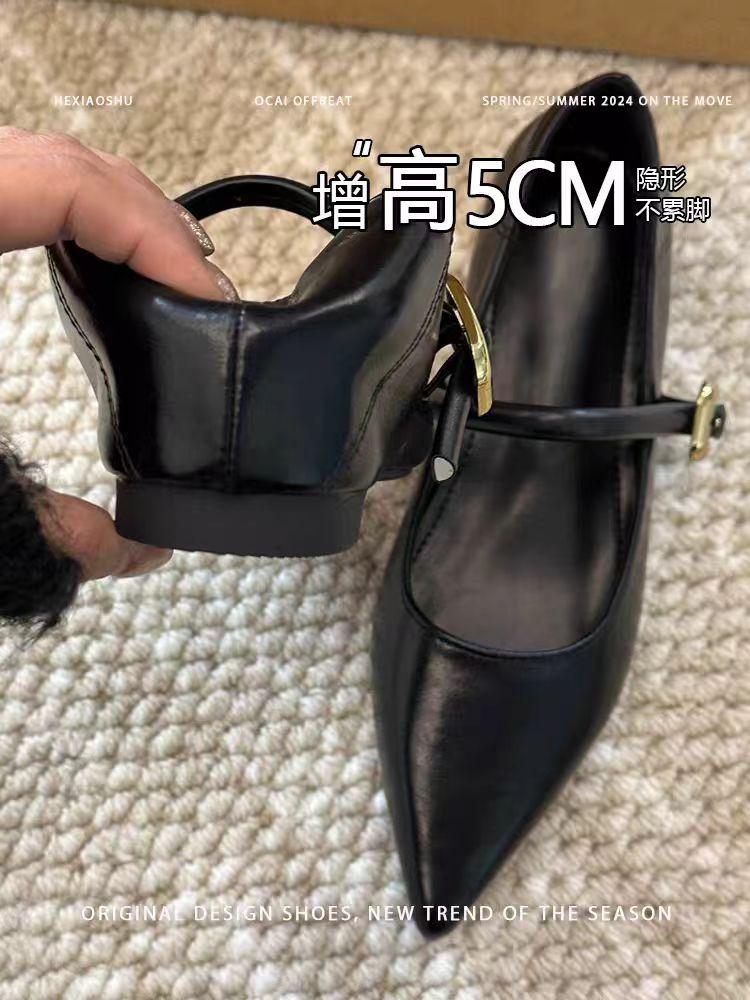 Spot~ French temperament single shoes women's new spring 2025 one-word with shallow mouth and pointed inner height increase Mary Jane shoes