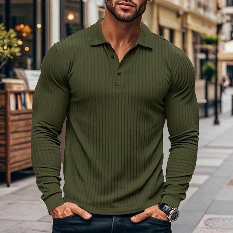 Cross-border Autumn and Spring Men's Classic Casual American Lapel Button-up Long-sleeved T-shirt Elastic Polo Shirt