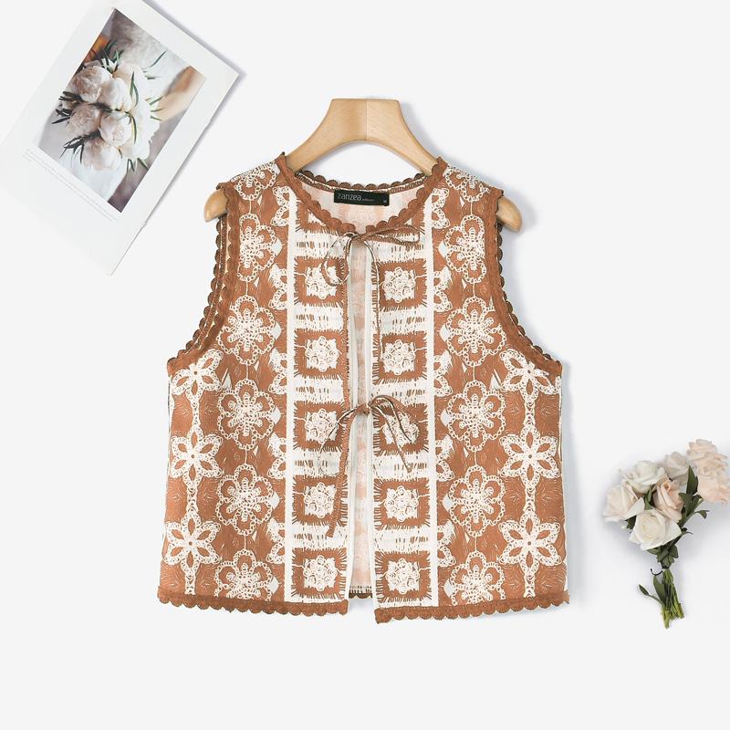 

ZANZEA Женский летний кардиган-жилет без рукавов на шнуровке с круглым вырезом 2XL коричневый