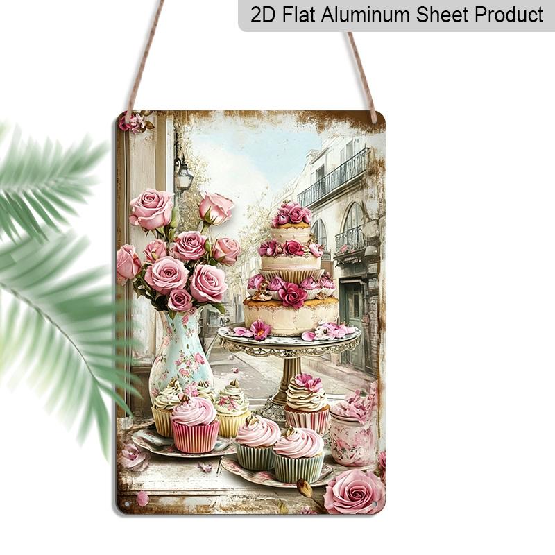 2D Flat, 1pc Vintage Metal Wall Art with Pink Roses, Cupcakes & Elegant Cake - 8x12 Inch Aluminum Kitchen Dining Room Decor Suitable for Cafe, Bar