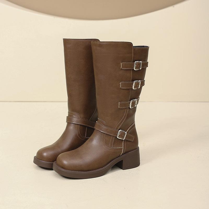 Coarse heel plus size locomotive long knight boots women's boots 2025 new autumn and winter coffee color Maillard western boots