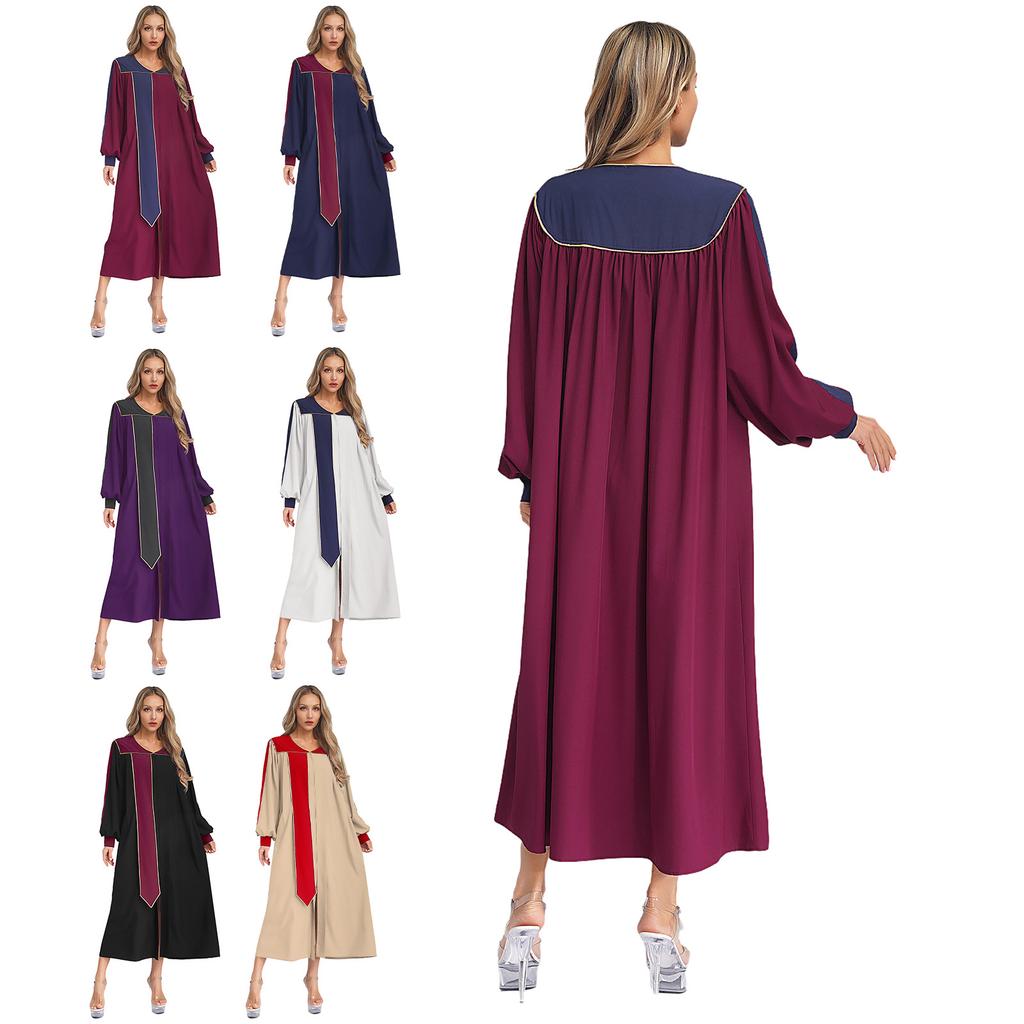Womens Choir Performance Gown Color Block Design V Neck Puff Sleeves Front Split Zipper Stage Costume