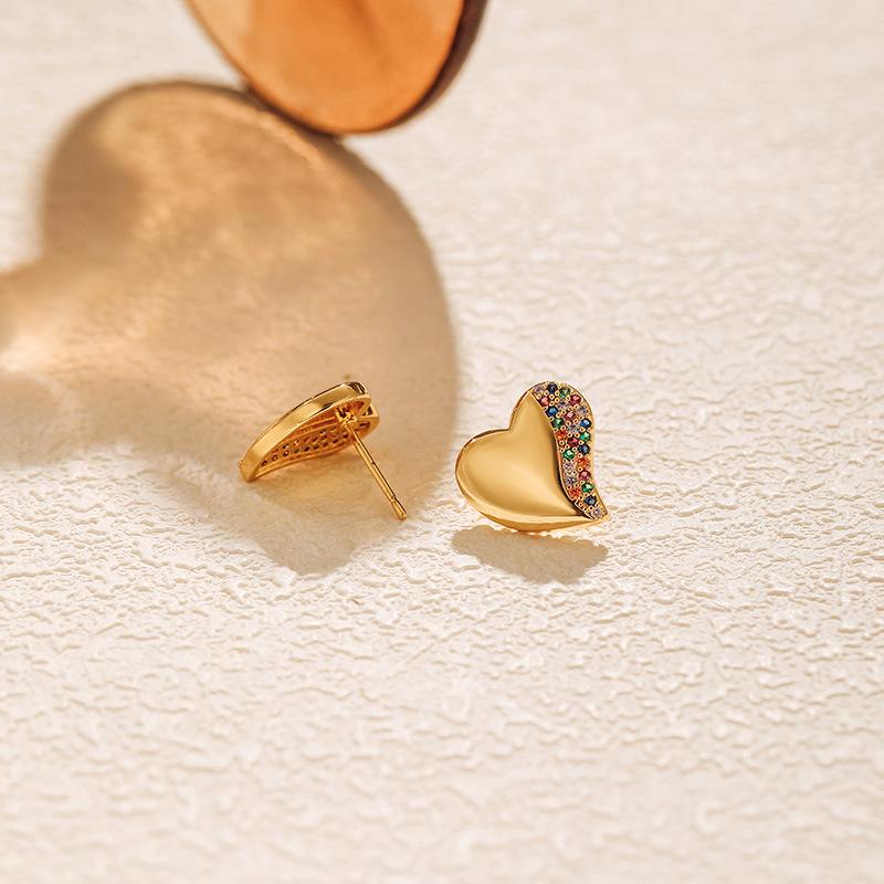 Small Heart Inlaid Colorful Zircon Stud Earrings Sweet Fashion Jewelry For Women