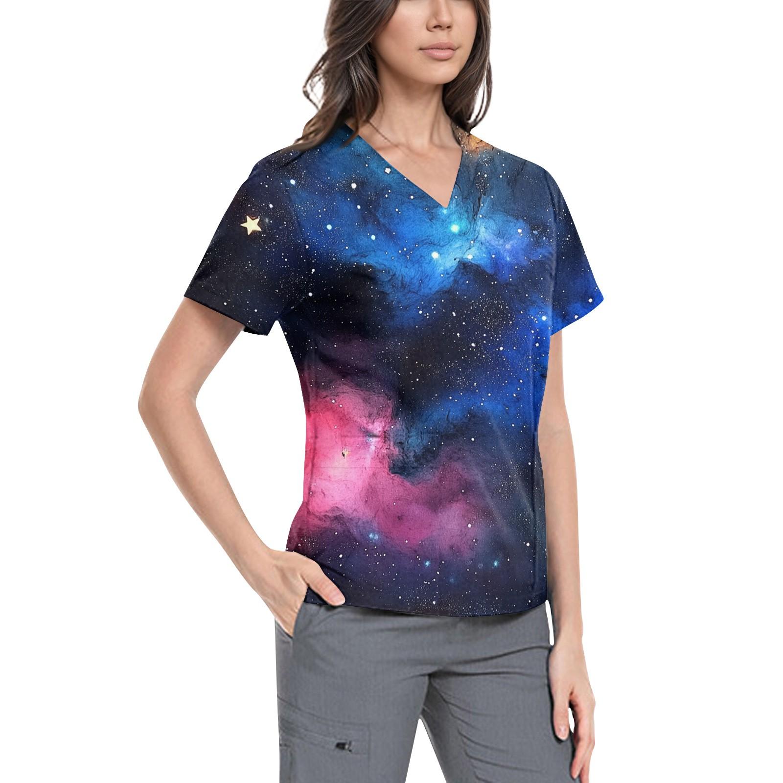 

Женская симпатичная принтованная рабочая одежда с V-образным вырезом, двухслойными карманами, базовым коротким рукавом, пуловером XL