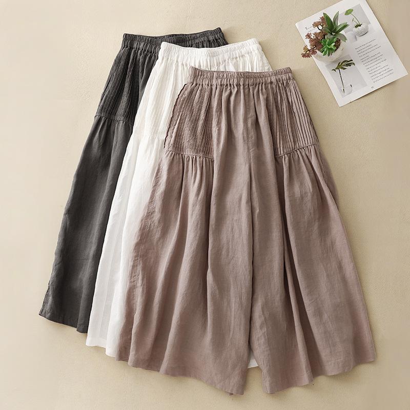 2025 Summer New Retro Pleated Solid Color Cotton and Linen Straight Nine-point Culottes Elastic Waist Foreign Wide-leg Pants Women
