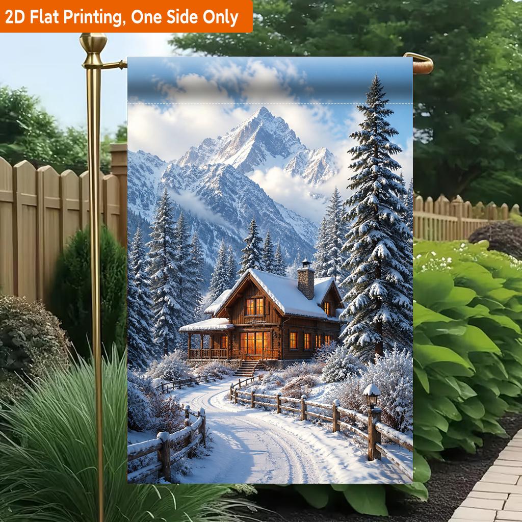 2D Flat, 2D Flat Printing Garden Flag 1pc, Snowy Warm Cabin Scene Durable Single-Sided Print Yard Flag, Garden & Home Holiday Decoration, 29.97x44.96
