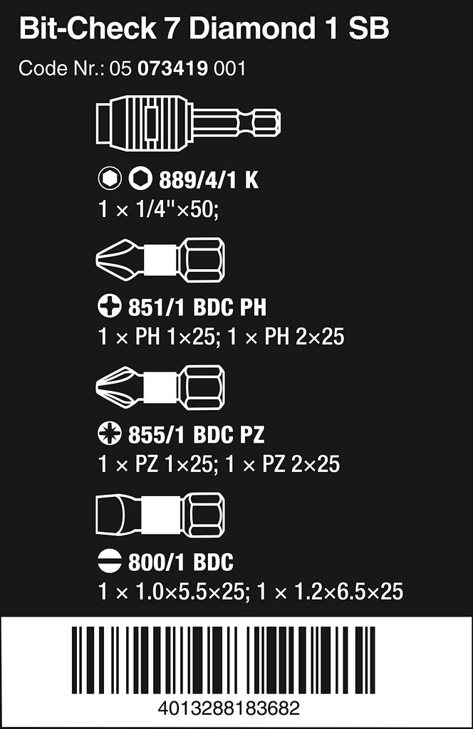 WERA BiTorsion Driver Bit and Holder Set with 073419 7-Piece Diamond-Coated Case,