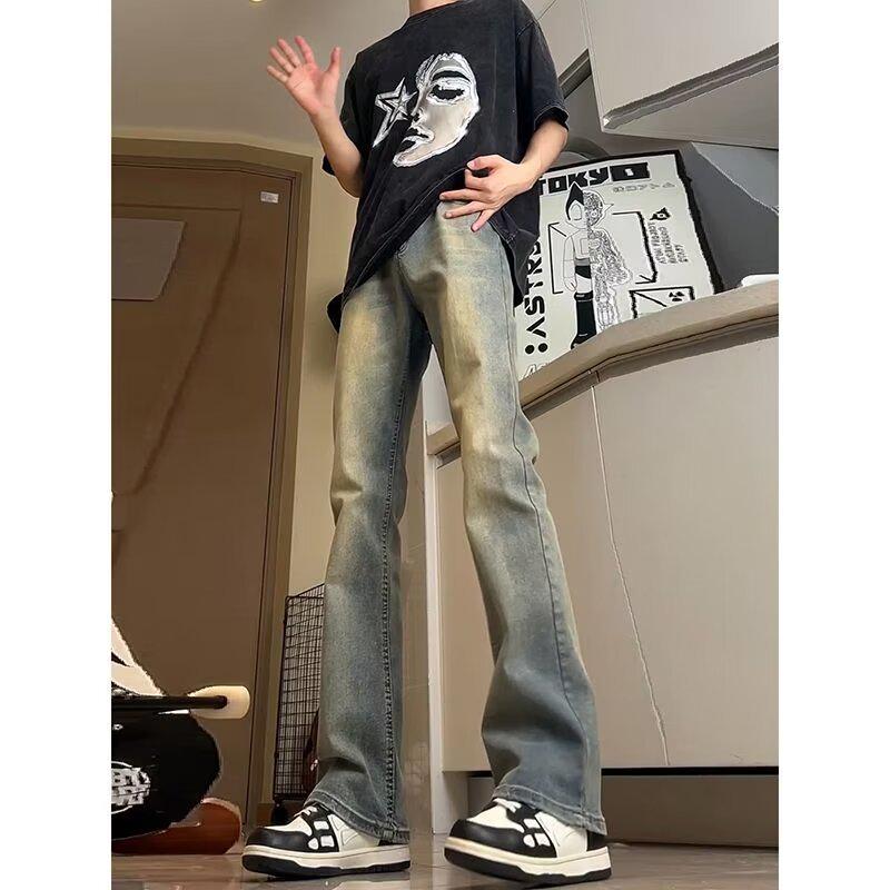 Jeans Homme Noir Coupe Droite Américain Poids Lourd - Tendance Printemps, Style High-Street Polyvalent avec Micro Évasement.