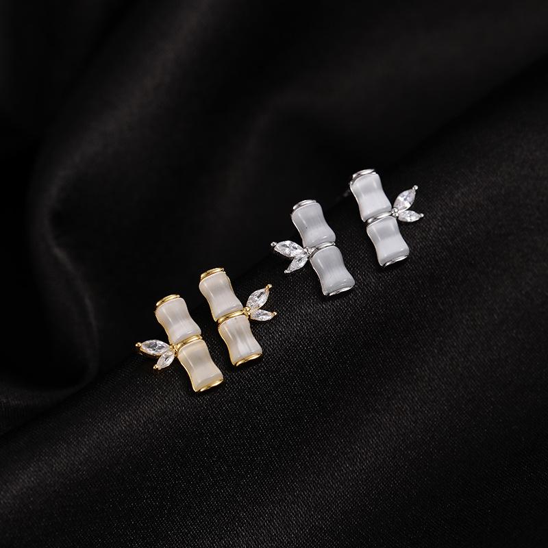 Banyan Tree S925 Silver Bamboo & Cat's Eye Stone Earrings for Women - Small Ancient Chinese Palace Style Design