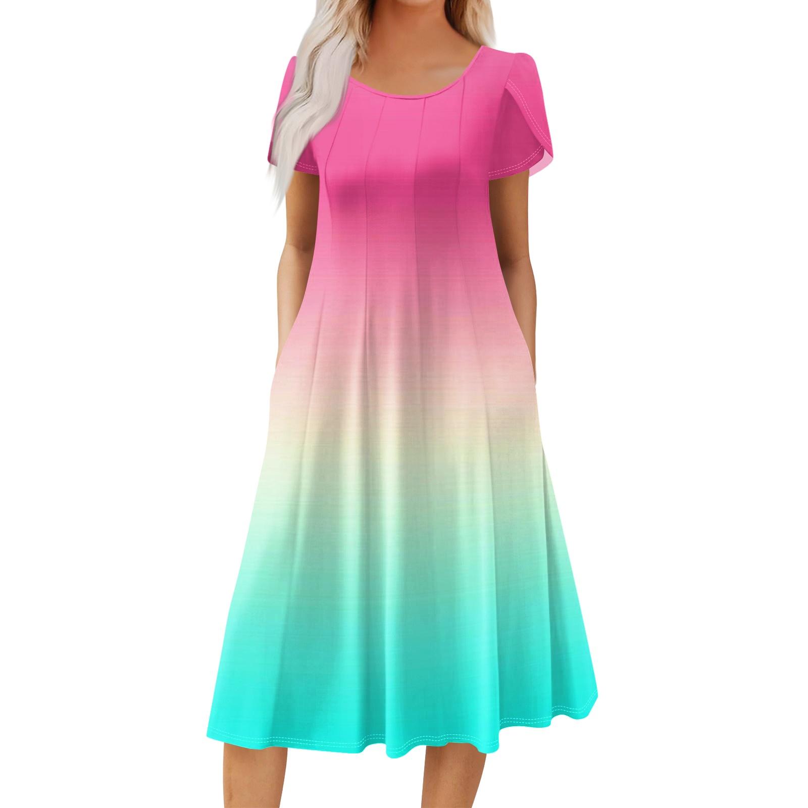 Women s Casual Fashion Round Neck Printed Short Sleeve Pocket Dress L