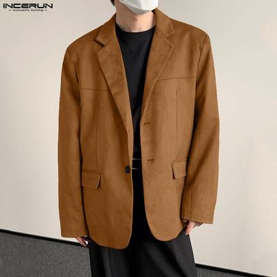 Autumn Men Notched Lapel Long Sleeve Suede Blazer Casual Loose Coats