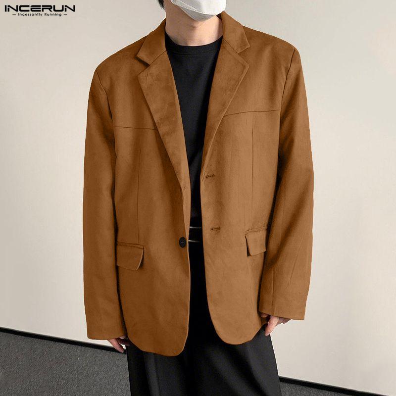 INCERUN Autumn Men Notched Lapel Long Sleeve Suede Blazer Casual Loose Coats