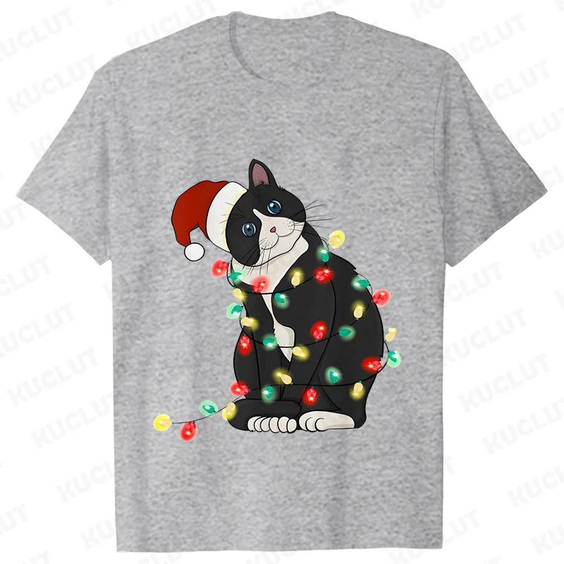 Fashion Trendy T Shirt Short Sleeve Tees for Unisex Funny Christmas Lights Cat T Shirts Female Korean Casual Streetwear Tshirt