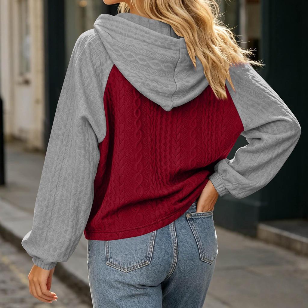 Women's Oversized Colorblock Quilted Hoodie with Drawstring - Casual Loose Fit Long Sleeve Pullover Sweatshirt