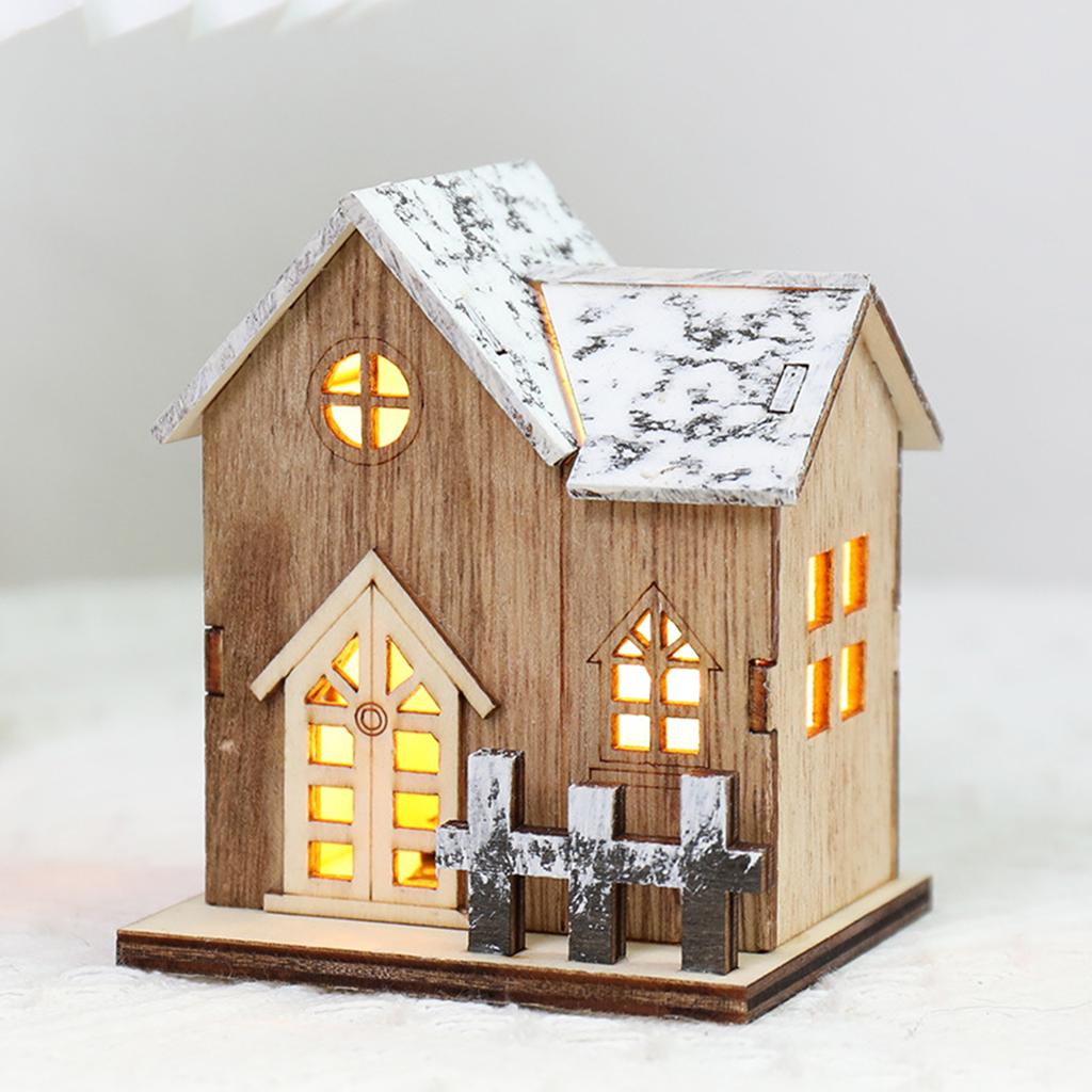 Illuminated Christmas Ornament Wood House Figurine Ornament Desktop Decorations for Holiday Decorations or Gift