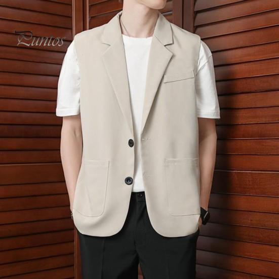 Men Suit Vest Lapel Sleeveless Two-Button Placket Business Waistcoat with Side Pockets Solid Color Casual Vest Coat