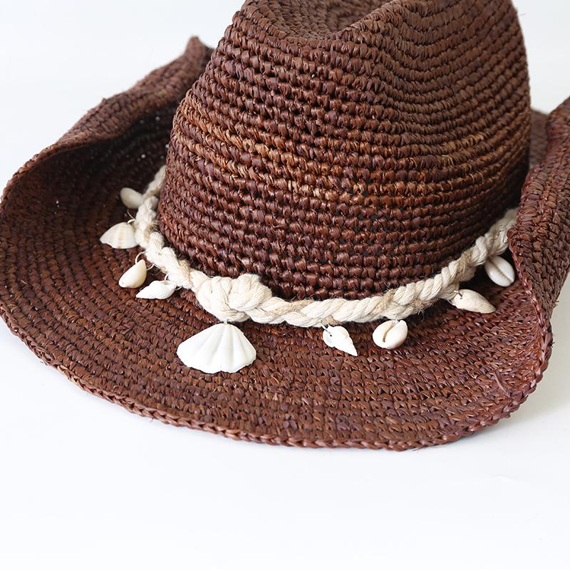 Summer Raffia Wide Brim Cowboy Hat Outdoor  Sun Protection Natural Straw  Hat Hand Crochet Raffia Cowboy Chain Sun Hat
