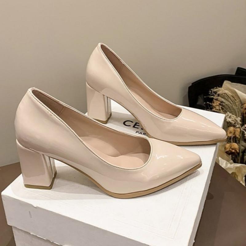 Women's Autumn High Heels Thick Heel Patent Leather Pointed Toe Luxury Leather Shoes