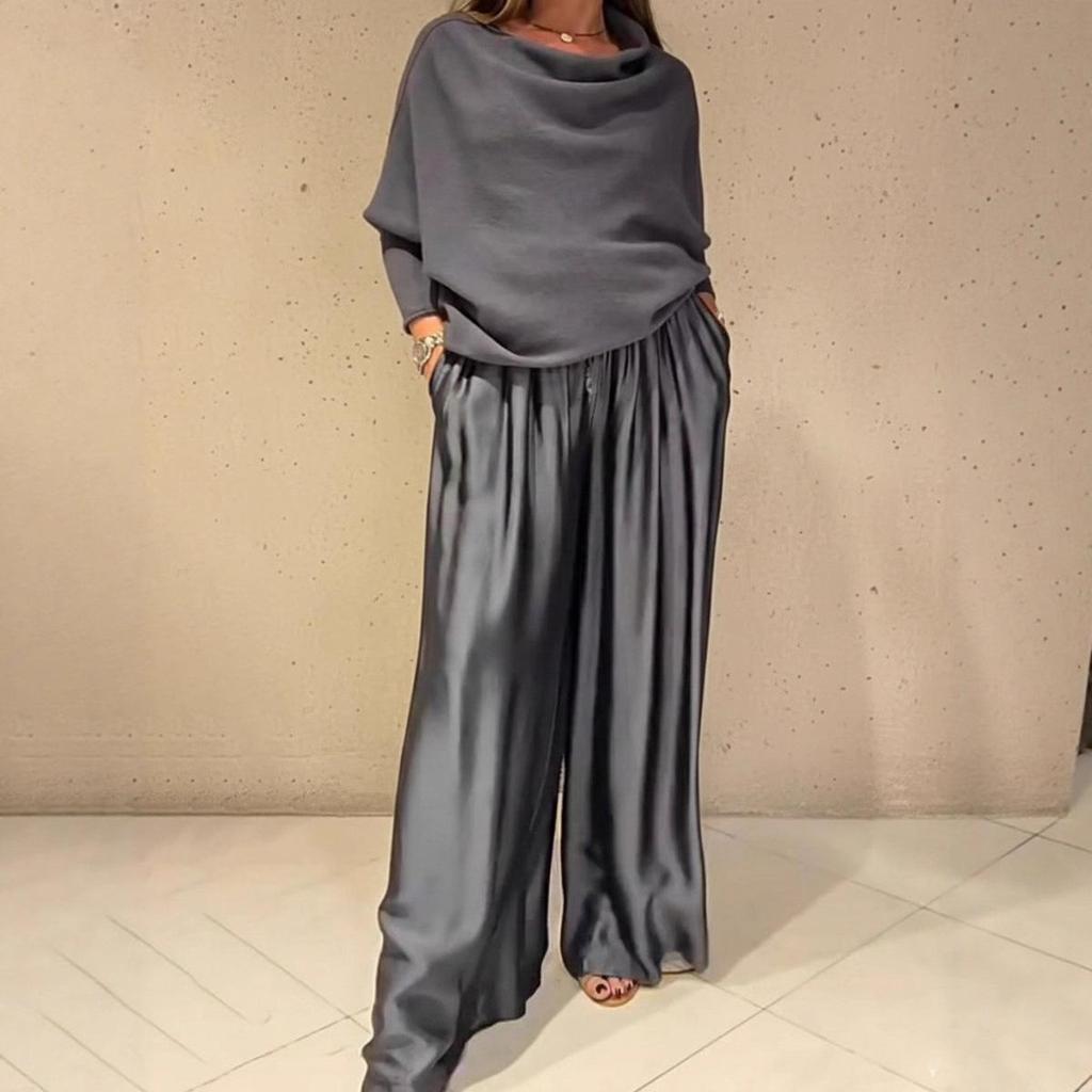 Elegant Off-the-Shoulder Top and Satin Wide-Leg Pants Two-Piece Set 2025
