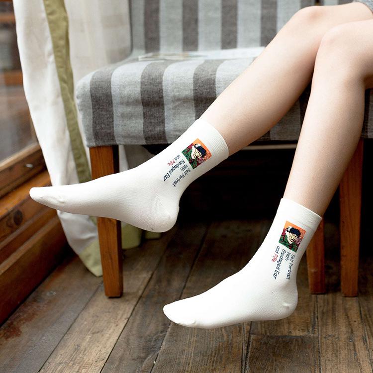 Women's Mid-Calf Cotton Socks: European & American Famous Painting Cartoon Design - Perfect for Autumn/Winter Casual or Sports Wear.