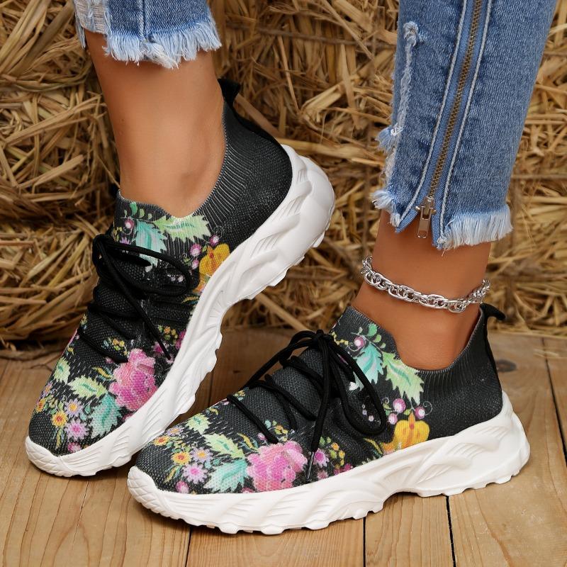 Fashion Women's 2024 New Fashion Mesh Plant Print Breathable Slip-on Casual Sneakers