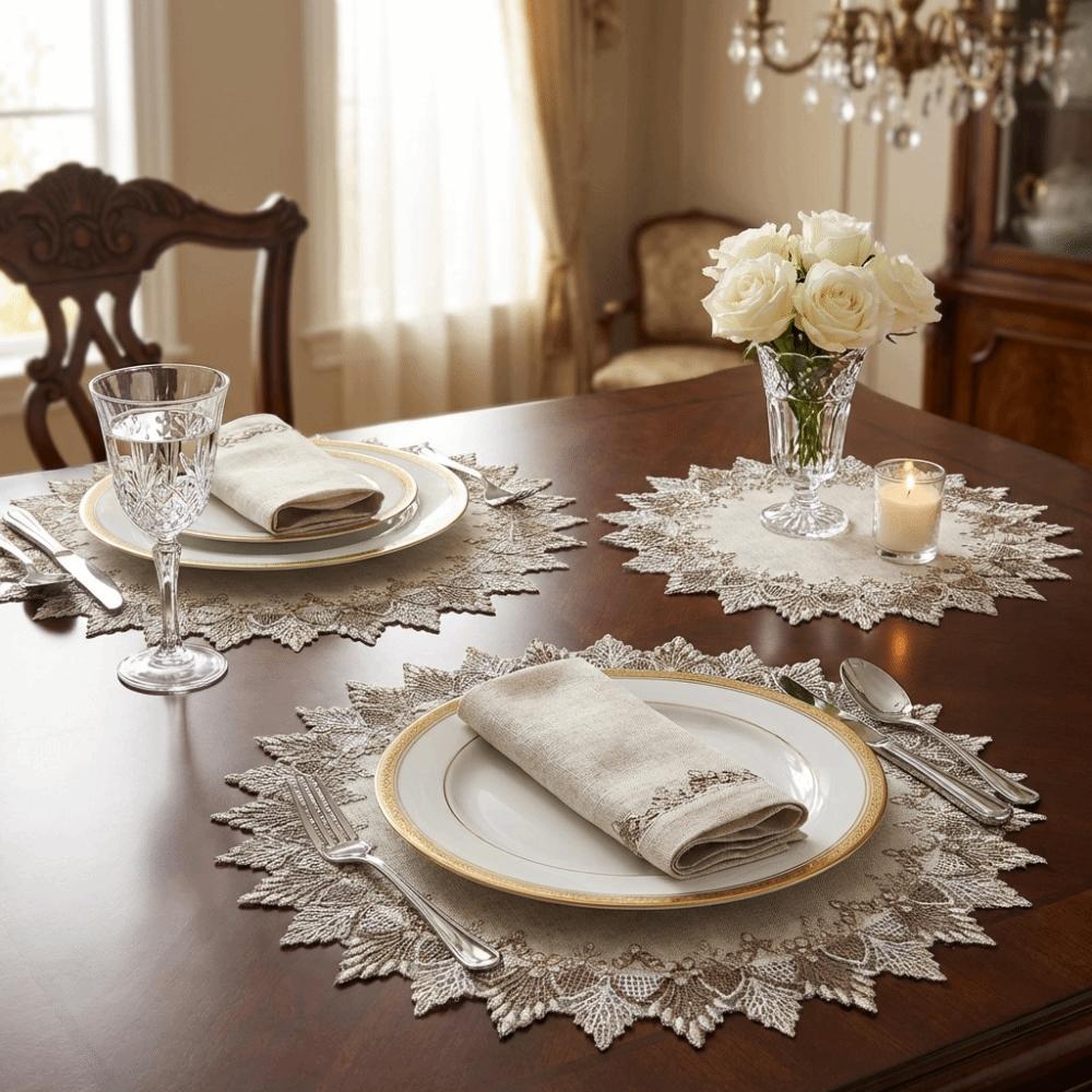 Lace Trim Dinning Table Cover Linen-colored Hollow Round Table Cloth Napkin Doily European Coffee Coaster Placemat Beside Table