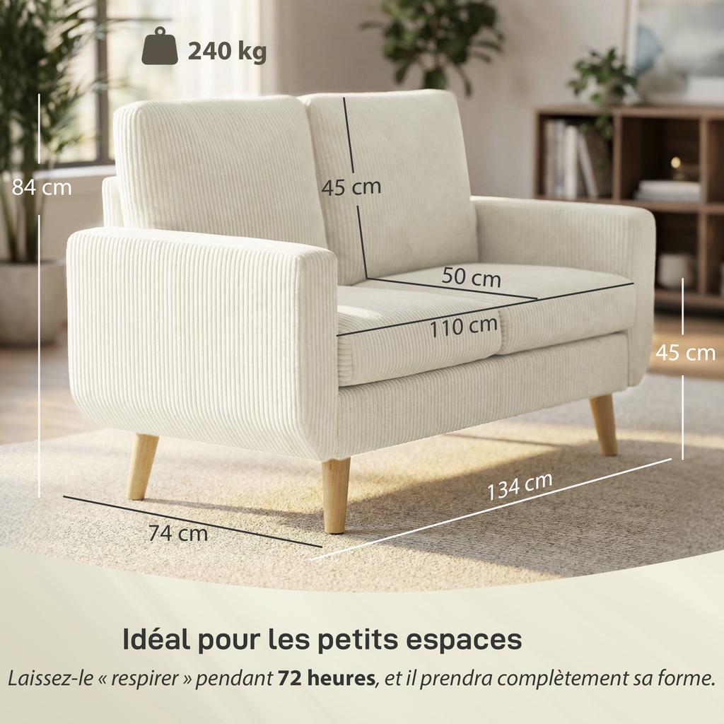 Two-Seater Corduroy Sofa, 134 cm Wide, Upholstered Seat, Spring Cushion, Cream