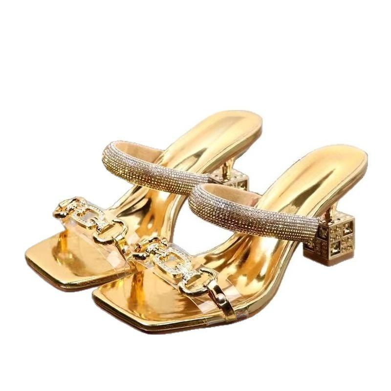 Fashion Fashion Women Slippers Summer New Square Head Heels Shallow Mouth Crystal Metal Buckle Woman Shoes Temperament Women's Sandals
