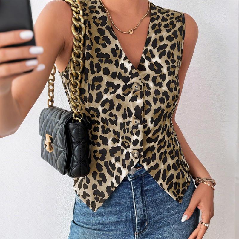 

ZANZEA Женские повседневные топы-безрукавки на пуговицах с V-образным вырезом и леопардовым принтом M хаки