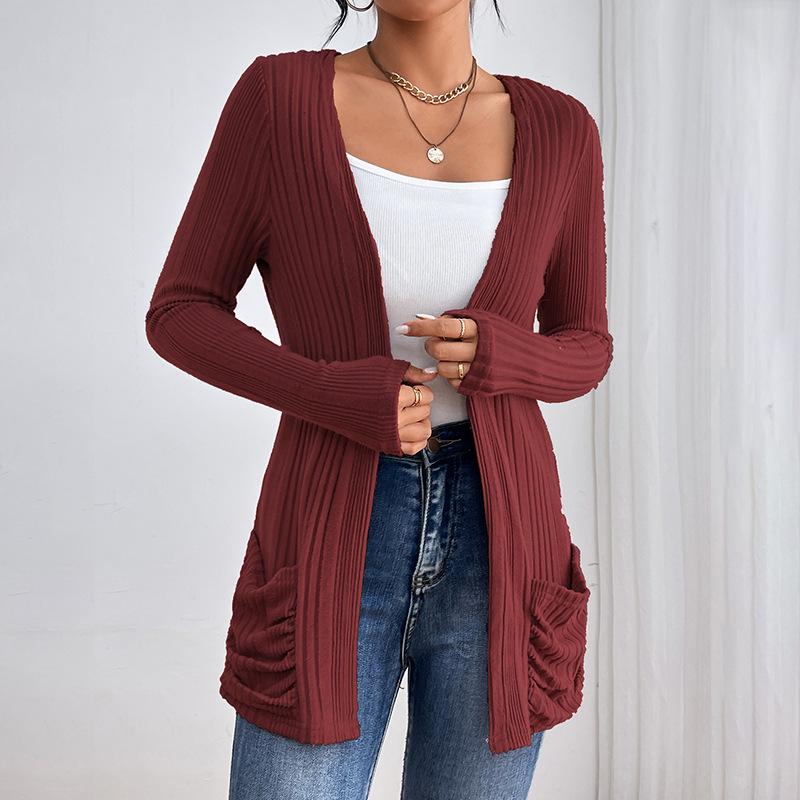 European and American Solid Long-Sleeve Mid-Length Knitted Cardigan with Pockets - Autumn/Winter Sweater