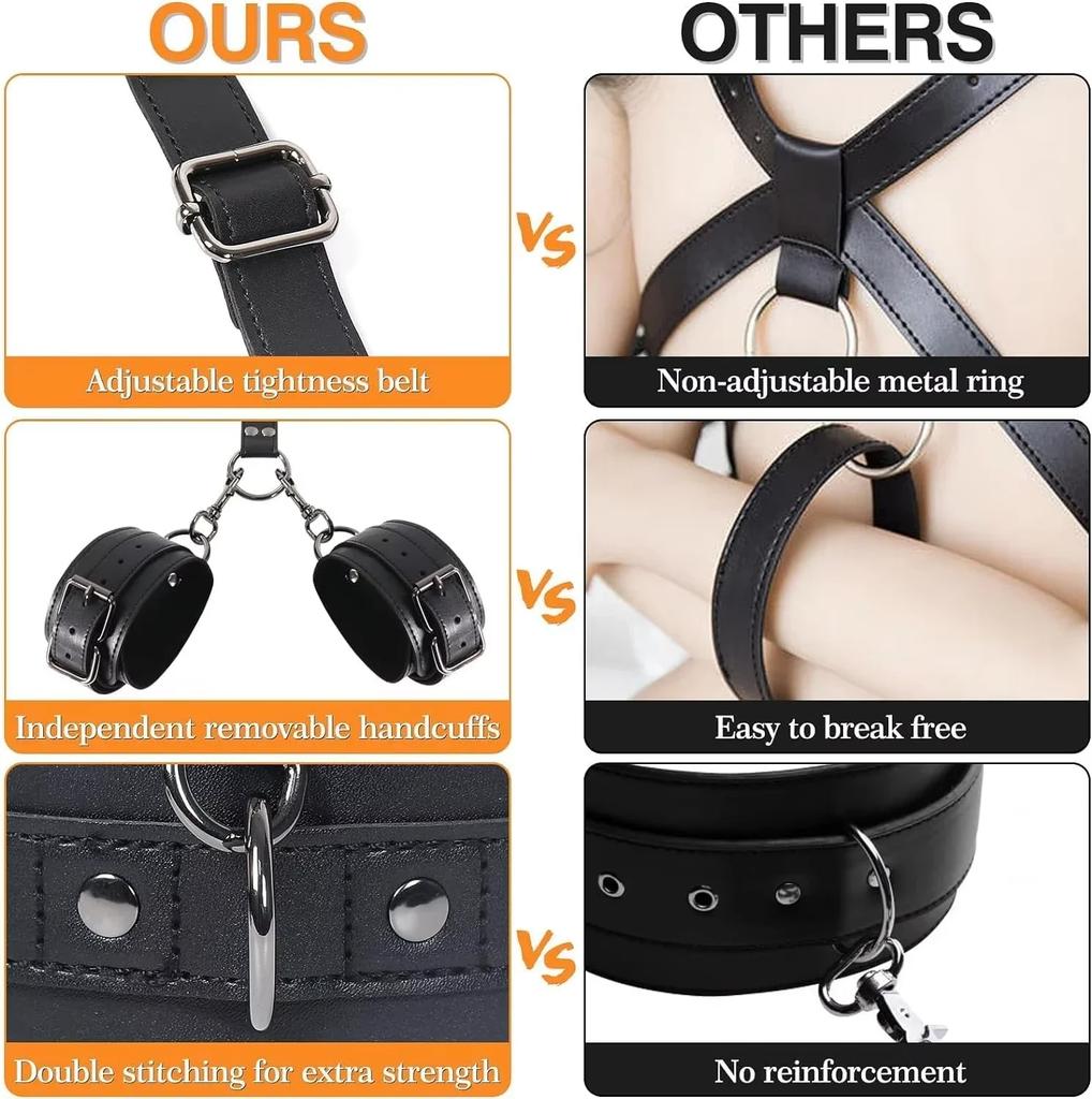 NEW  Sex Bondage Restraints Kit 3 in 1 Leather Thigh Sling Breasts Belt Behind Back Handcuffs Open Legs SM Slave Fetish