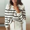Women's Stripe Knitted Sweater Round Neck Shoulder Button Pullover Sweater